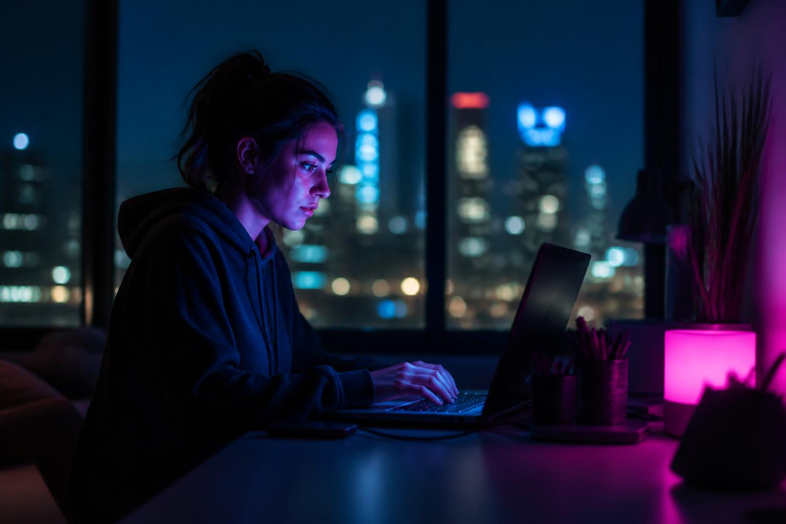 Une apprenante pratique la cybersécurité le soir, chez elle