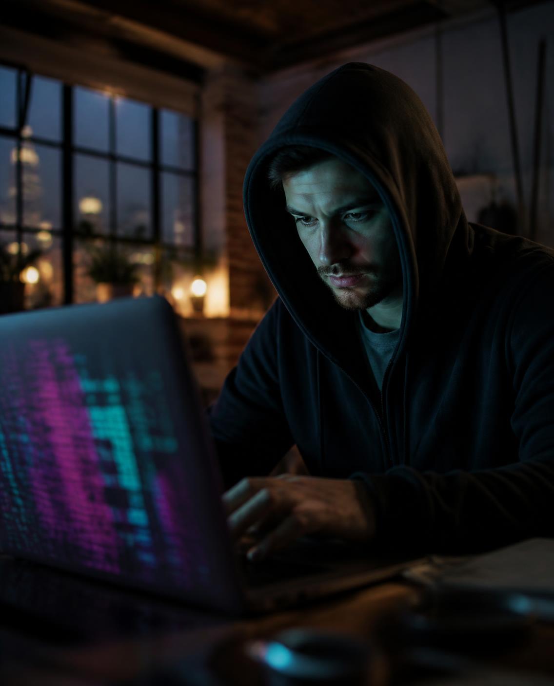Un testeur d’intrusion travaille sur son portable, le soir